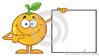 Smiling Orange Fruit Cartoon Mascot Character Pointing To A Blank Sign Vector Illustration