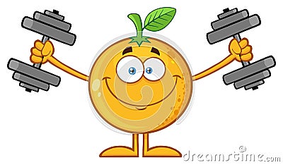 Smiling Orange Fruit Cartoon Mascot Character Working out with Dumbbells Stock Photo