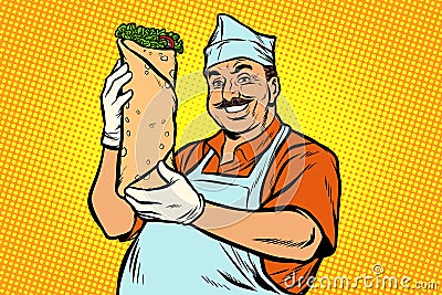 Smiling Oriental street food chef. Kebab Shawarma Doner Vector Illustration