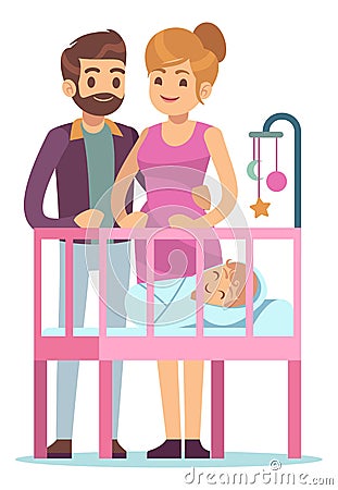 Smiling parents looking at newborn in crib. Happy family Vector Illustration