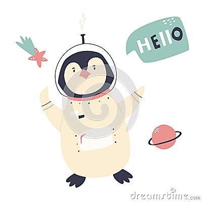 Smiling penguin in an astronaut costume and helmet Vector Illustration