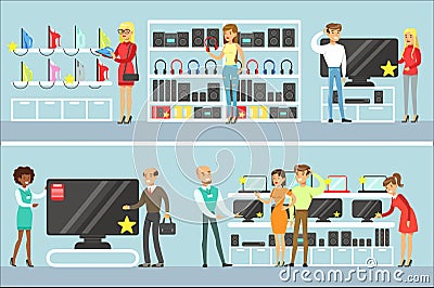 Smiling People In Electronic Store Shopping For Domestic Equipment Choosing With Shop Assistant Help Set Of Cartoon Vector Illustration
