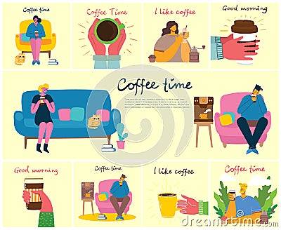 Smiling people friend drinking coffee and talking. Coffee time, break and relaxation vector concept cards. Vector Cartoon Illustration