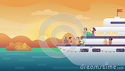 Smiling people friends making party on yacht ferry ship at sunset. Ocean vacation, sea travel and friendship concept Vector Illustration