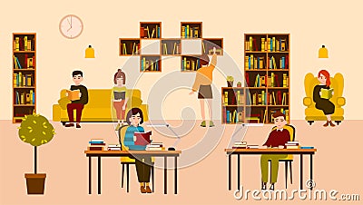 Smiling people reading and studying at public library. Cute flat cartoon men and women sitting at desks and on sofa Vector Illustration