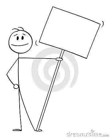 Smiling Person on Demonstration or Manifestation Holding Big Empty Sign, Banner or Placard , Vector Cartoon Stick Figure Vector Illustration