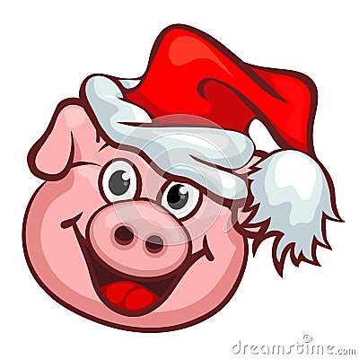 Smiling Pig with Christmas Santas Red Cap Vector Illustration