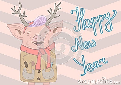 Smiling piggie with elk`s horns, purple hairstyle, wearing beige coat and red scarf with letters Happy New Year beside Cartoon Illustration
