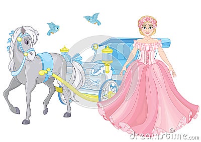 Cinderella and Fairytale blue carriage Vector Illustration