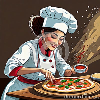 Smiling Pizza Chefs made as cartoons preparing pizza in their pizza kitchens. Cartoon styles Stock Photo