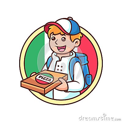 Smiling Pizza Delivery Courier Boy Cartoon. Vector Icon Illustration, Isolated on Premium Vector Stock Photo