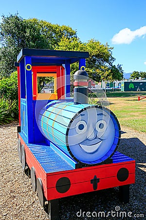 Smiling playground train in Levin town, New Zealand Stock Photo