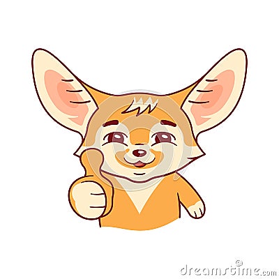 Smiling pleased fennec fox shows his thumb with approval Vector Illustration