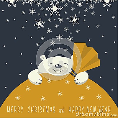 The smiling polar bear is on the yellow gift bag. Vector Illustration