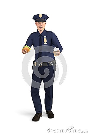 Policeman posing with a burger and coffee Cartoon Illustration