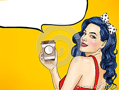 Smiling Pop Art woman with coffee cup. Advertising poster or party invitation with girl with wow face Stock Photo