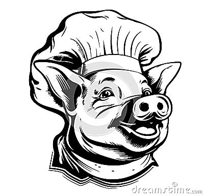 Smiling Porky Pig Logo Cartoon Character. Happy Pig Chef Head Cartoon. Vector Illustration