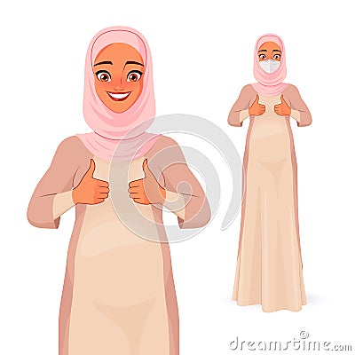 Smiling pregnant Muslim woman in mask showing thumbs up. Vector illustration. Vector Illustration