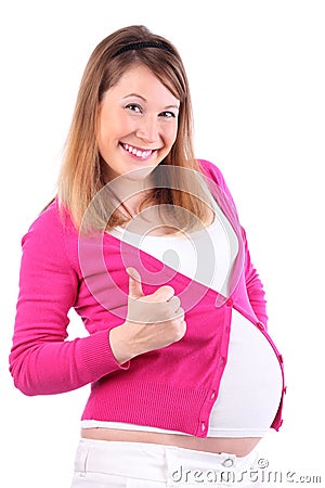 Smiling pregnant woman thumbs up Stock Photo