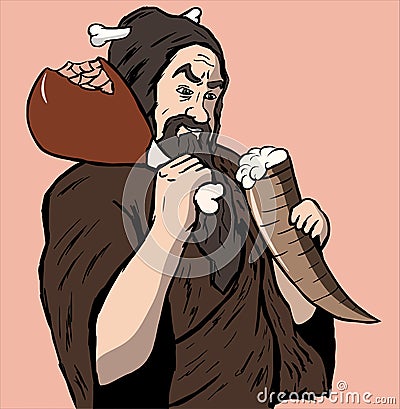 smiling caveman with horn with beer Vector Illustration