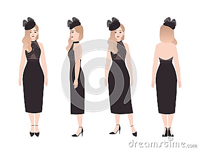 Smiling pretty woman wearing elegant luxury black evening dress for formal occasion. Stylish female character isolated Vector Illustration