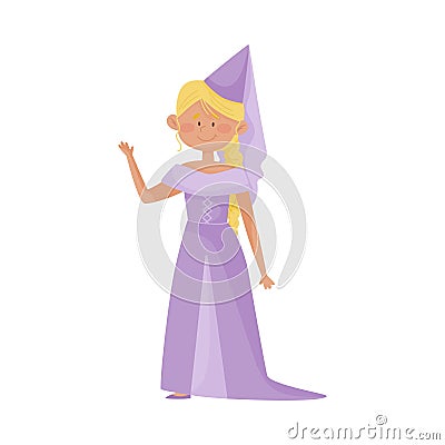 Smiling Princess with Blonde Hair Wearing Cone Shaped Hat and Dressy Look Garment Vector Illustration Vector Illustration