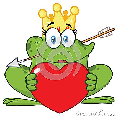 Smiling Princess Frog Cartoon Mascot Character With Crown And Arrow Holding A Love Heart Vector Illustration