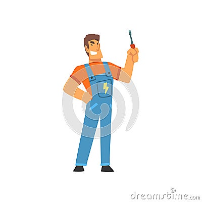 Smiling Professional Electrician with Screwdriver, Electric Man Character in Blue Overalls at Work Vector Illustration Vector Illustration