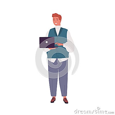 Smiling programmer or businessman working and holding laptop. Adult bearded modern coder in casual clothes. Young man Vector Illustration