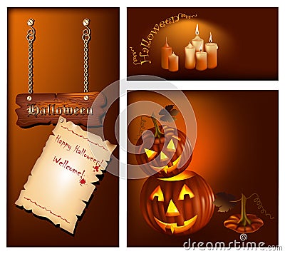 Smiling pumpkins and burning candles. Vector Illustration