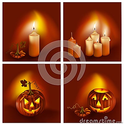 Smiling pumpkins and burning candles. Vector Illustration