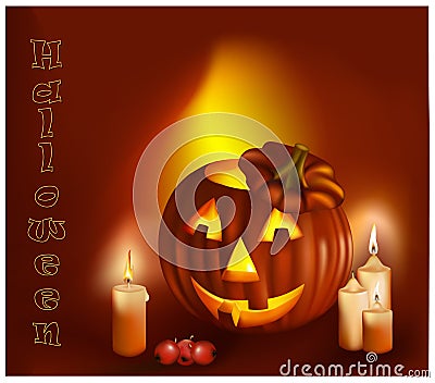 Smiling pumpkins and burning candles. Vector Illustration