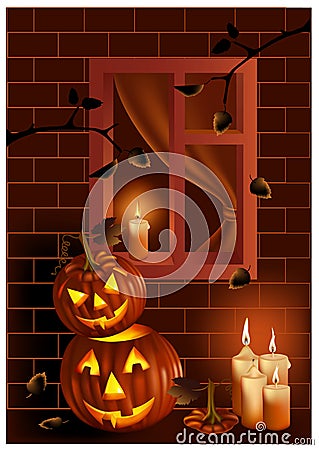 Smiling pumpkins and burning candles. Vector Illustration