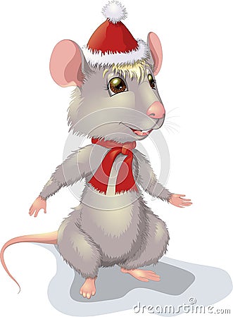 Smiling rat in christmas winter new year red hat and red scarf vector illustration Vector Illustration