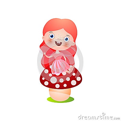 Smiling red hair fairy girl stay on forest mushroom Vector Illustration