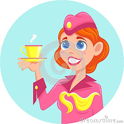Smiling red-haired stewardess with a cup in her hand Vector Illustration