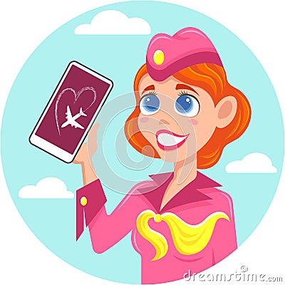 Smiling red-haired stewardess with smartphone in hand Vector Illustration