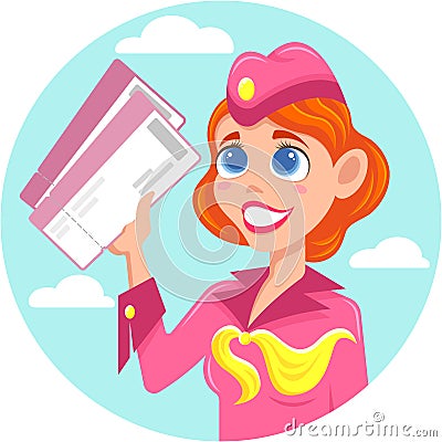 Smiling red-haired stewardess with tickets in hand Vector Illustration