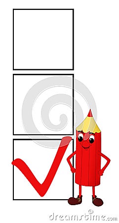 Smiling red pencil with 3 check boxes Cartoon Illustration