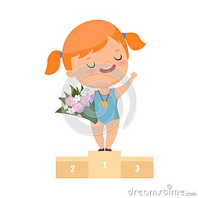 Smiling Redhead Girl Standing on Victory Stand with Hanging Gold Medal on Her Neck and Bunch of Flowers Vector Vector Illustration