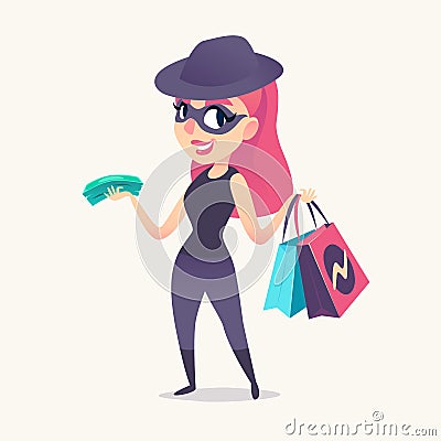 Smiling redhead spy female as mystery shopper in mask, black hat and dark suit, with purchases and money in hands. Vector Illustration