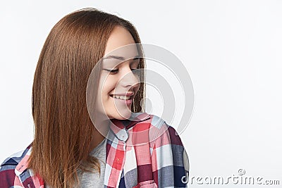 Smiling relaxed teen girl looking to side playful Stock Photo