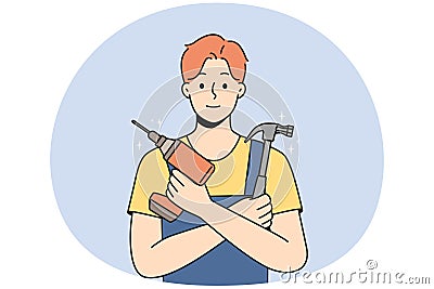 Smiling repairman with tools in hands Vector Illustration