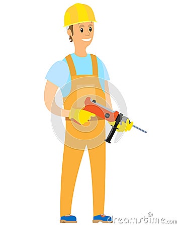 Smiling Builder Holding Drill, Repairman Vector Vector Illustration