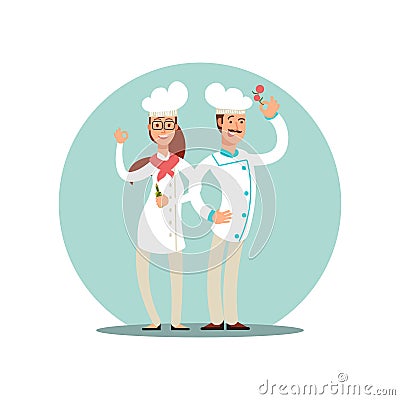 Smiling restaurant chefs, professional cooks in kitchen uniform flat characters Vector Illustration