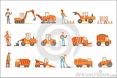 Smiling Road Construction And Repair Workers In Uniform And Heavy Trucks At Construction Site Set Of Cartoon Vector Illustration