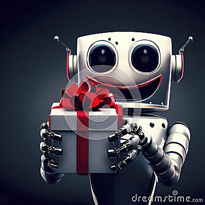 Smiling robot holding a present box with red ribbon on a dark background, generative AI Cartoon Illustration