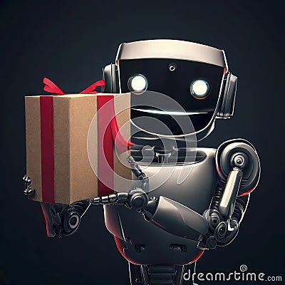 Smiling robot holding a present box with red ribbon on a dark background, generative AI Cartoon Illustration