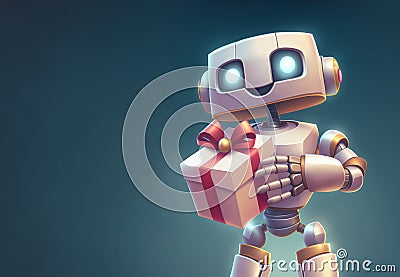 Smiling robot holding a present box with red ribbon over dark background, generative AI illustration with copy space Cartoon Illustration