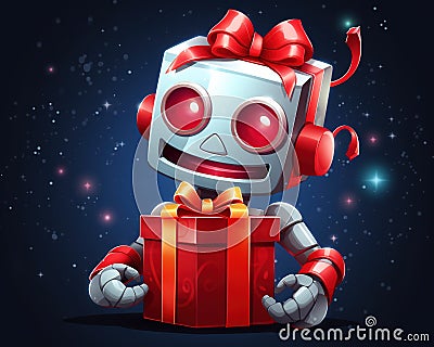 Smiling robot holding a present box with a red ribbon over a dark background. Cartoon Illustration